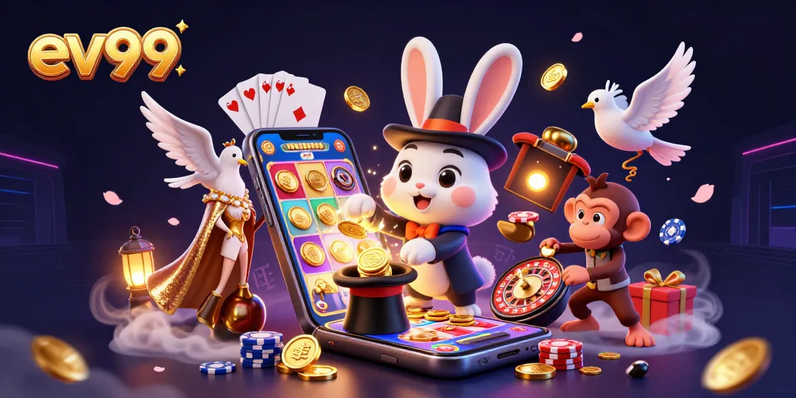 Spin the reels at ev99 with a dazzling casino scene featuring a magician rabbit, sparkling coins, and festive poker fun.