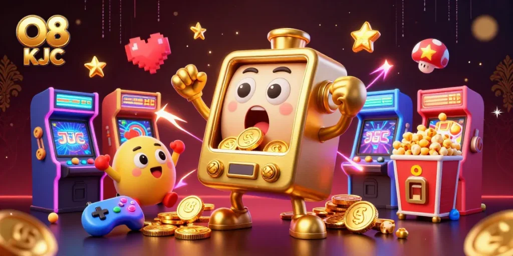 Play thrilling slots with O8 KJC as a golden slot machine wins a jackpot, surrounded by colorful gaming elements.