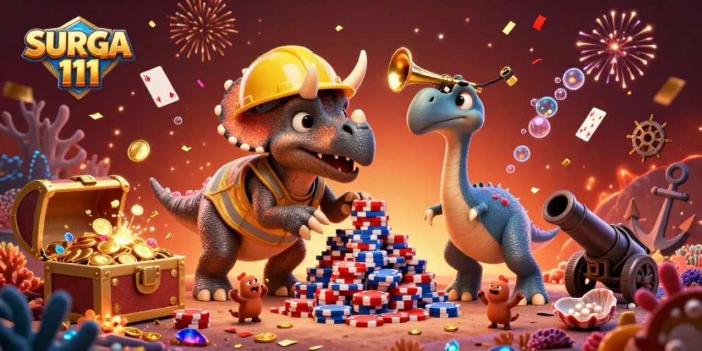 SURGA 111 casino scene with playful dinosaurs building poker chip towers amidst gold coins and glowing treasures.
