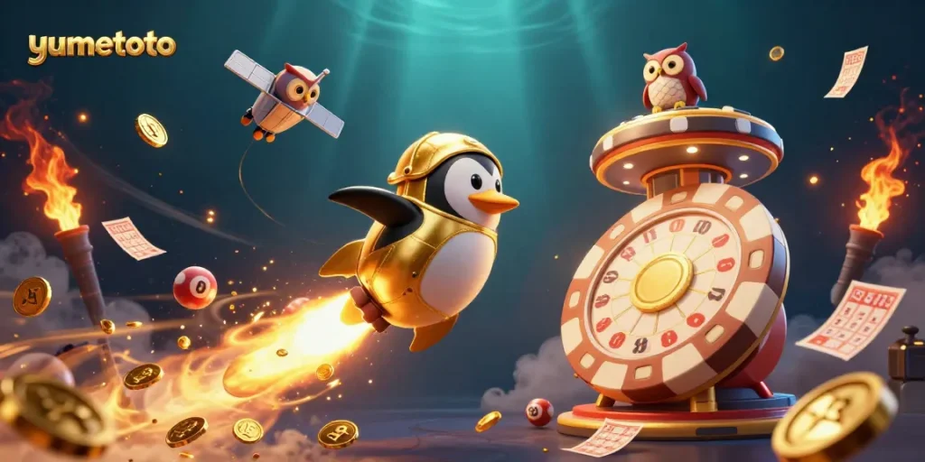 Experience the thrill of yumetoto lottery with a dynamic golden penguin illustration in space.