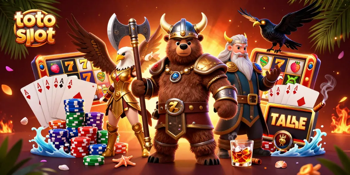 Toto slot gaming action with Viking characters amidst vibrant slot reels and dynamic casino elements