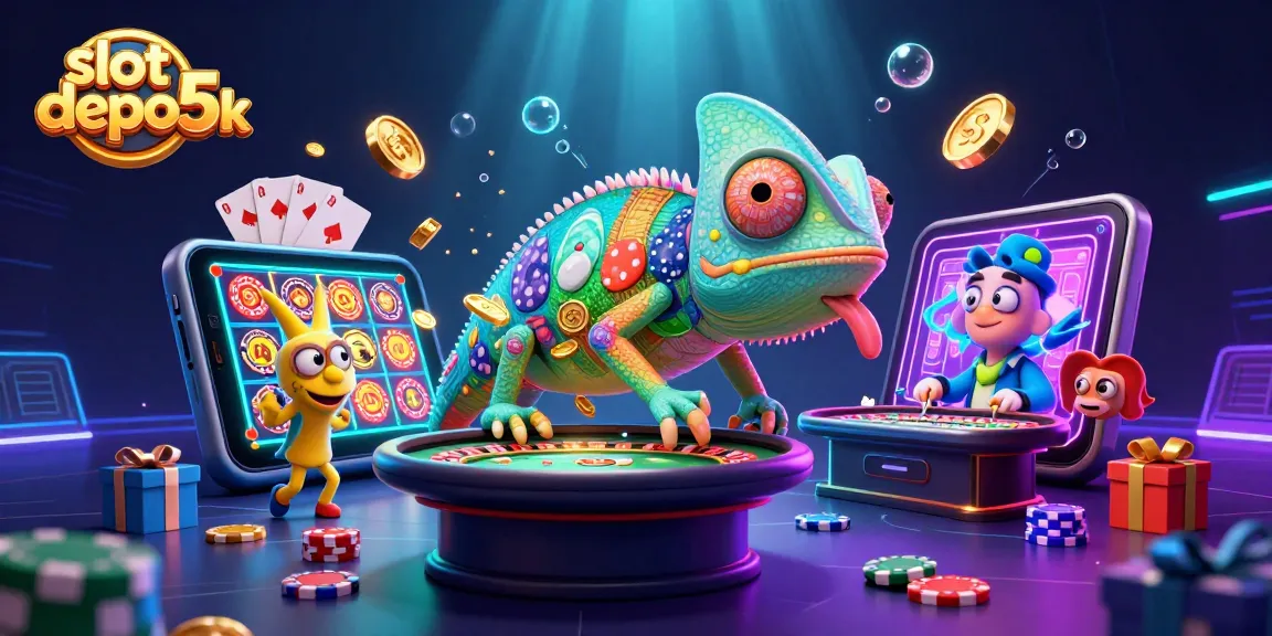 Play exciting slot depo 5k games with a dynamic chameleon casino owner in a vibrant 3D illustration.