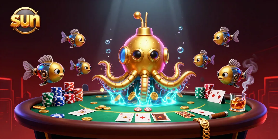 Experience thrilling games with the sun-themed casino illustration featuring a golden kraken and poker elements.