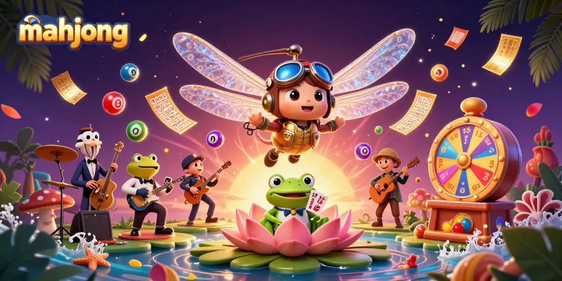Engage in mahjong with a vibrant casino scene featuring a dragonfly pilot and frog croupier.