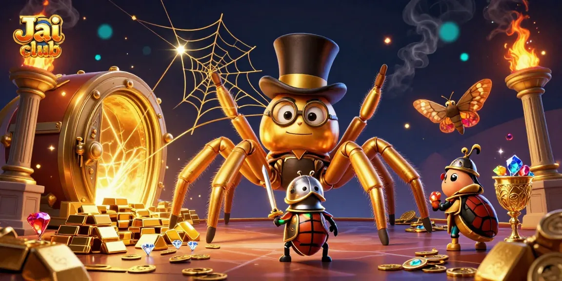 Engage with Jai club's thrilling gameplay as a golden tarantula weaves excitement in an energetic casino scene.