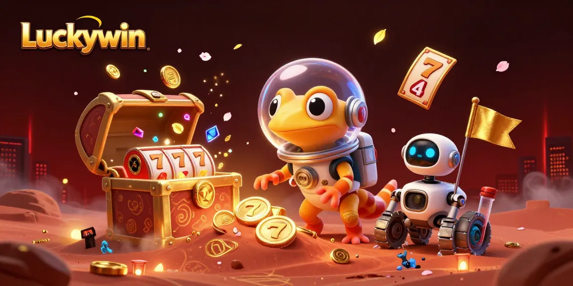 Luckywin showcases an exciting Martian casino adventure with vibrant slot reels and gold treasures.
