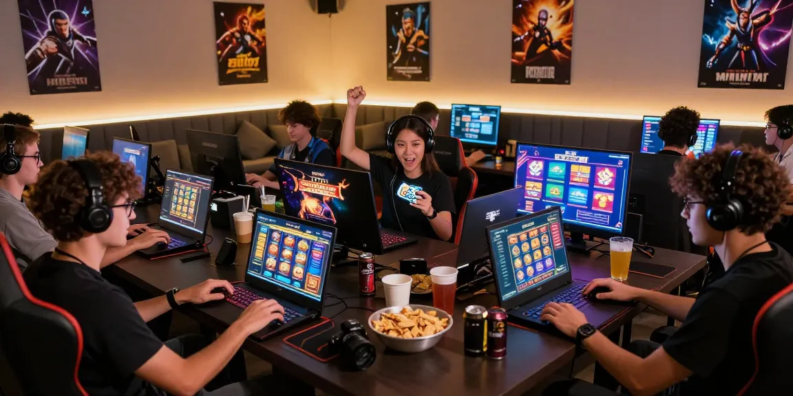Gamers enjoying an engaging ngamenjitu online gaming experience in a vibrant gaming lounge with dynamic slot game interfaces.