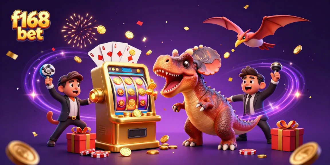 Experience the thrill of f168 bet with a 3D pachycephalosaurus hitting a jackpot slot machine amid flying coins.