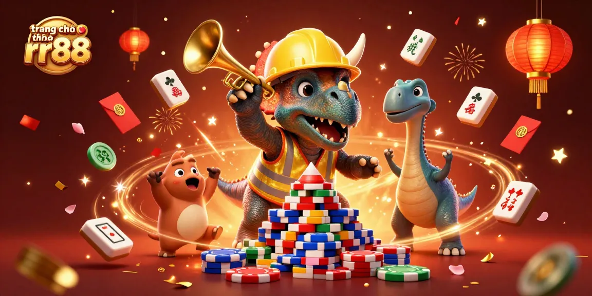 Celebrate casino excitement at trang chủ chính thức rr88 with lively poker chip pyramids and joyful characters