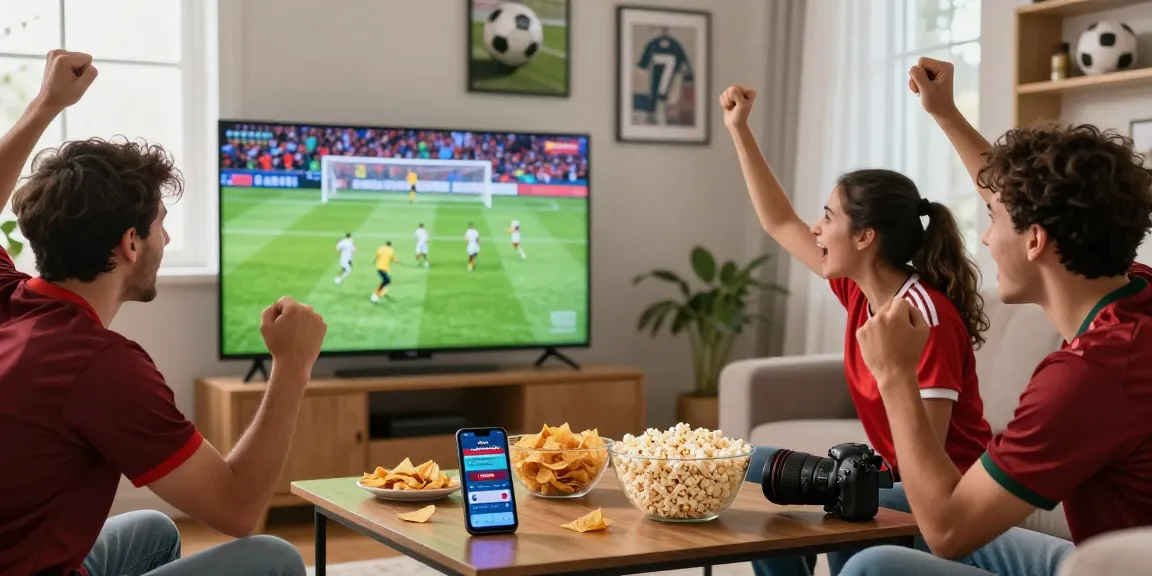 Fans watching a live match and enjoying a lively atmosphere at home, featuring موقع IHD Sports for updates.