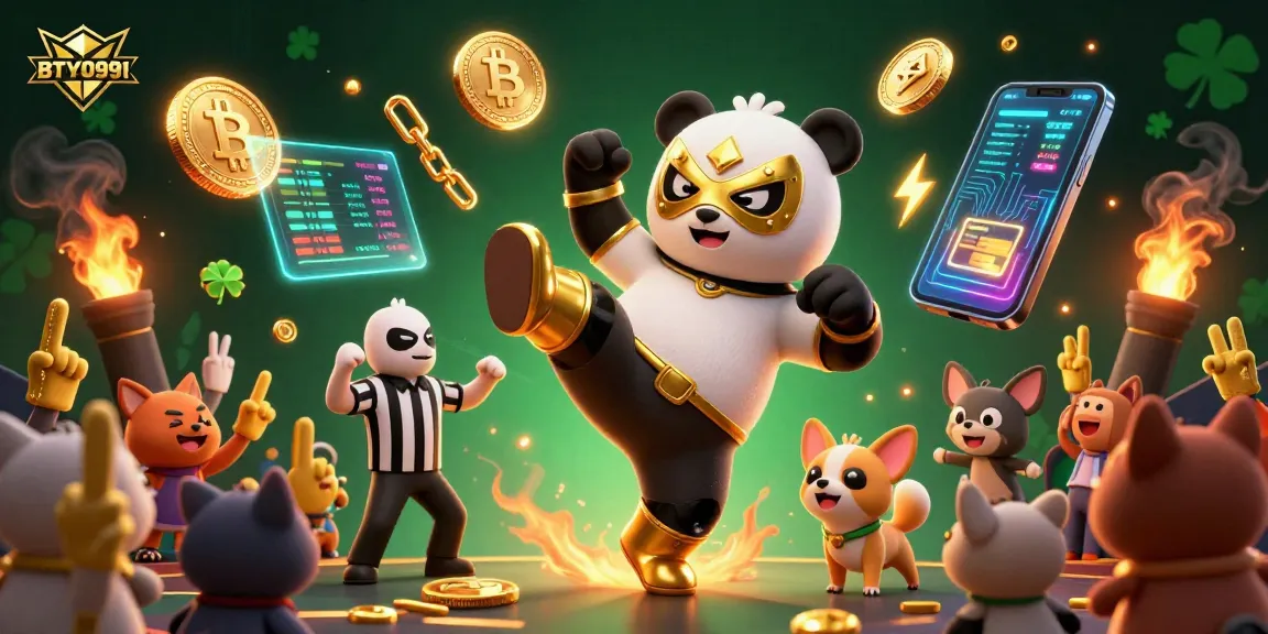 Engage with BTY0991's exciting games featuring a 3D panda wrestler in action amid cryptocurrency symbols.