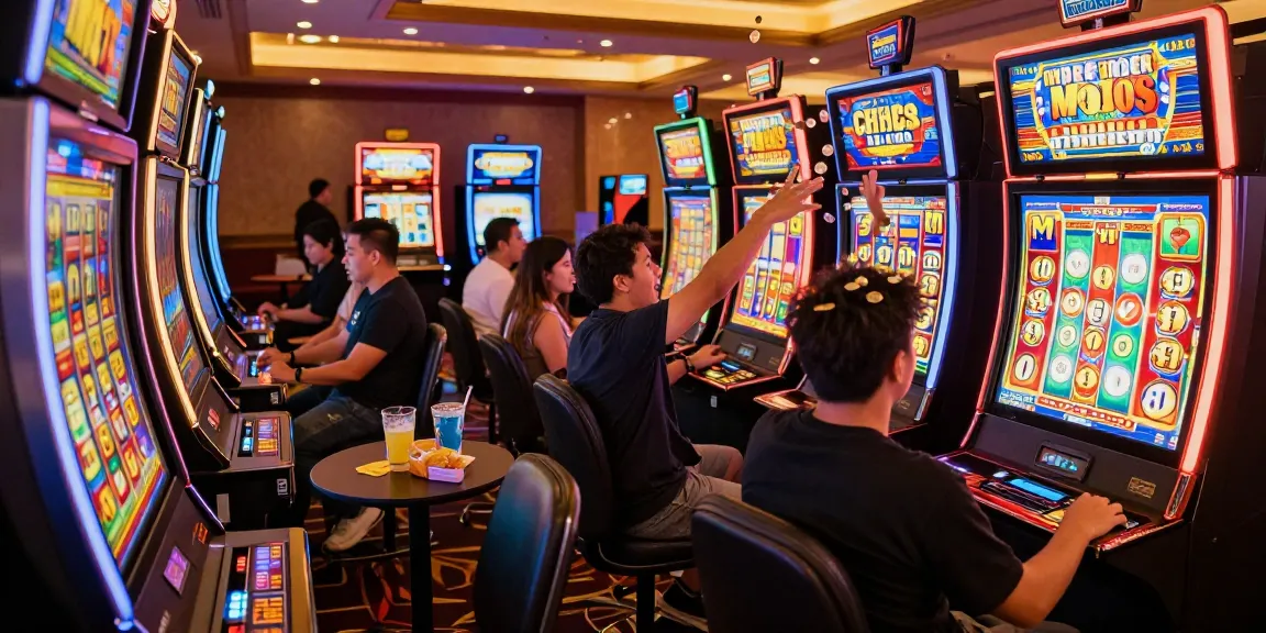 Slot gacor dengan pemain merayakan kemenangan jackpot di kasino yang meriah.