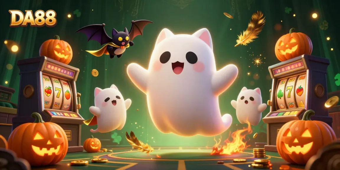 Engage with DA88's thrilling online casino experience featuring a ghost cat, bat, and glowing pumpkins.