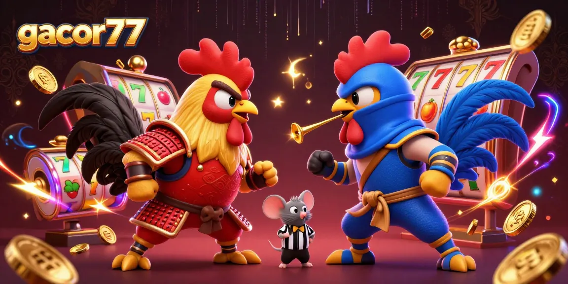 Gacor77 menampilkan pertempuran ayam juara bertanding dengan teknologi slot teratas dan efek emas yang memikat.