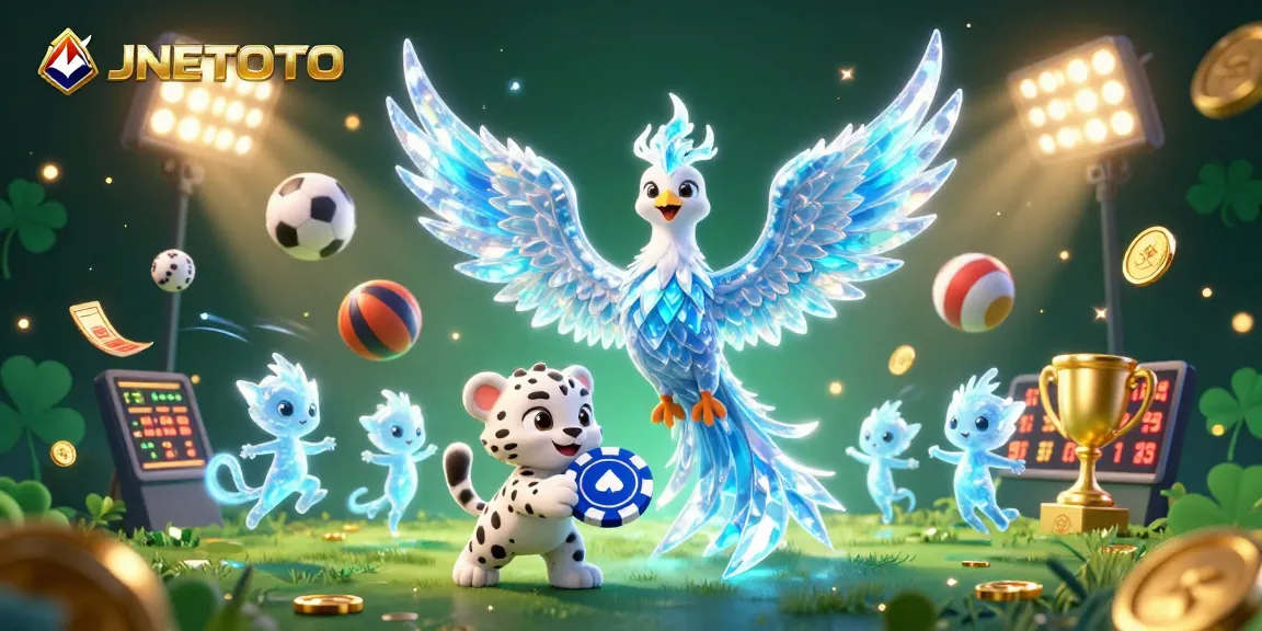 JNETOTO memberi semangat dengan ilustrasi 3D meriah menampilkan karakter kartun dan elemen kasino.