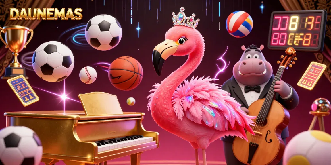 DAUNEMAS showcases energetic gameplay with a vibrant casino scene featuring a flamingo singer and a hippo bassist.